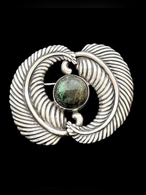 Los Castillo RARE Taxco vintage sterling green stone feather brooch pin